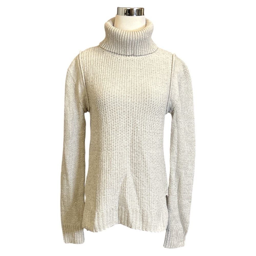 Jennifer Lopez Turtleneck Sweater Ivory w/Silver Metallic Tight Knit Size Medium